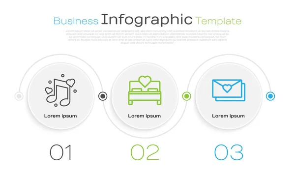 Set line Music note, tone with hearts, Bedroom and Envelope with Valentine heart. Business infographic template. Vector — Stock Vector