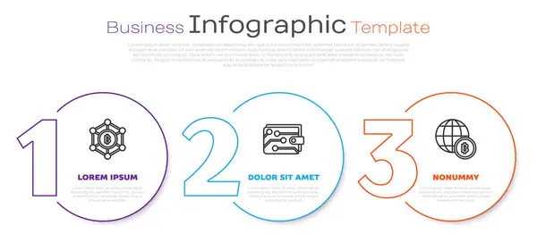 Definir linha Blockchain tecnologia Bitcoin, carteira criptomoeda e Globo e criptomoeda moeda Bitcoin. Modelo de infográfico de negócios. Vetor — Vetor de Stock