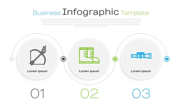Definir linha Arco e seta de fogo, botas Hunter e visão óptica Sniper. Modelo de infográfico de negócios. Vetor — Vetor de Stock