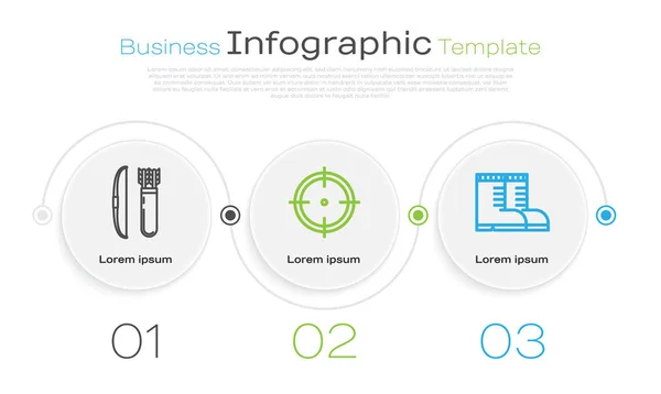 Definir linha Arco e flecha em aljava, Alvo esporte para a competição de tiro e botas Hunter. Modelo de infográfico de negócios. Vetor — Vetor de Stock
