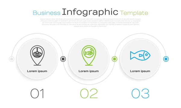 Definir linha Localização de pesca, Localização de pesca e peixes. Modelo de infográfico de negócios. Vetor — Vetor de Stock