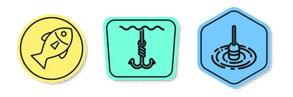 Set line Fish, Fishing hook under water and Fishing float in water. Colored shapes. Vector — Stock Vector