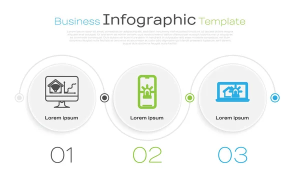 Définir la ligne Moniteur d'ordinateur avec maison intelligente avec wi-fi, téléphone portable avec maison intelligente et alarme et ordinateur portable avec maison intelligente et alarme. Modèle d'infographie d'entreprise. Vecteur — Image vectorielle