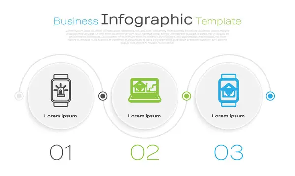 Set linha relógio inteligente com casa inteligente e alarme, laptop com casa inteligente com wi-fi. Modelo de infográfico de negócios. Vetor — Vetor de Stock