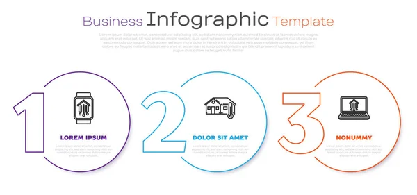 Nastavte řadu Smart home s chytrými hodinkami, teplotou domu a notebookem s chytrým domem. Obchodní infografická šablona. Vektor — Stockový vektor