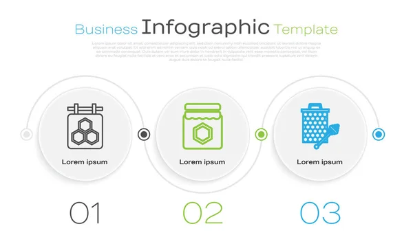 Définir la ligne Pendentif avec nid d'abeille, pot de miel et nid d'abeille avec autocollant de trempette au miel. Modèle d'infographie d'entreprise. Vecteur — Image vectorielle