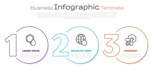 Définir la ligne nid d'abeille, Honeycomb carte du monde et abeille et nid d'abeille. Modèle d'infographie d'entreprise. Vecteur — Image vectorielle