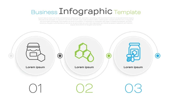 Definir linha Jar de mel, favo de mel e frasco de mel com abelha. Modelo de infográfico de negócios. Vetor — Vetor de Stock