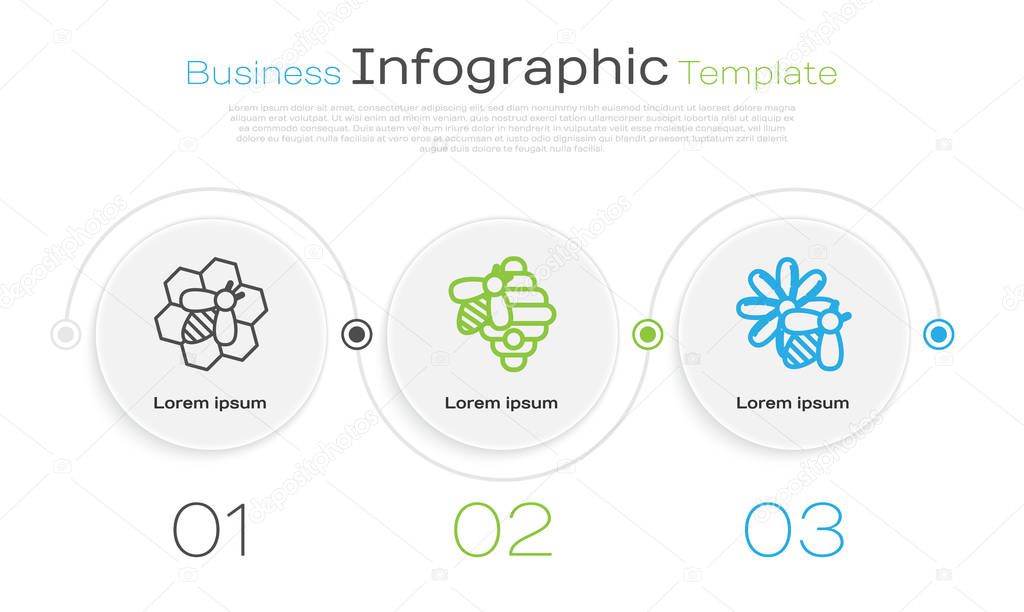 Set line Bee and honeycomb, Hive for bees and Bee and flower. Business infographic template. Vector