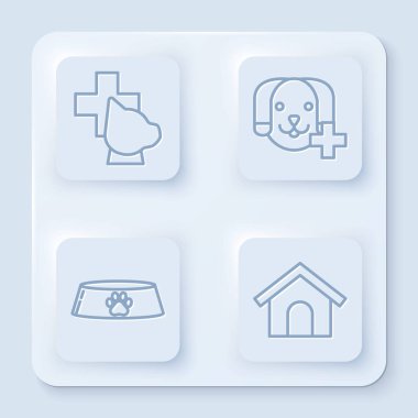 Veterinerlik kliniği sembolü, veterinerlik kliniği sembolü kedi, köpek ve köpek barınakları için evcil hayvan yemek kasesi. Beyaz kare düğme. Vektör