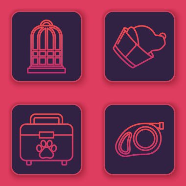 Kuşlar için çizgi kafes, evcil hayvan ilk yardım çantası, veteriner kliniği sembolü ve karabinalı geri çekilebilir ip tasması. Mavi kare düğme. Vektör