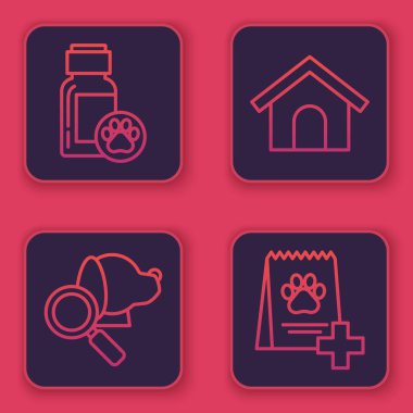 Köpek ilacı şişesi, veteriner kliniği sembolü, köpek kulübesi ve köpek maması. Mavi kare düğme. Vektör