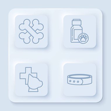 Hatlar çakışmış kemikler, köpek ilacı şişesi veteriner kliniği sembolü ve yakalı yaka kartı. Beyaz kare düğme. Vektör