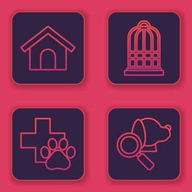 Line Dog House, Veterinerlik Kliniği sembolü, Kuşlar için Kafes ve Veteriner Kliniği sembolü. Mavi kare düğme. Vektör