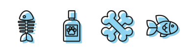 Hattı kesişen kemikler, balık iskeleti, köpek ilacı şişesi ve balık ikonu. Vektör