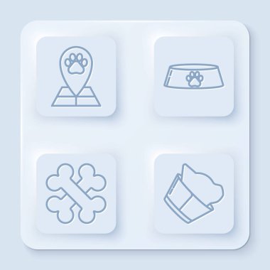 Veteriner hekimliği hastanesi, kedi ya da köpek için evcil hayvan yemek kasesi çapraz kemikler ve veteriner kliniği sembolü. Beyaz kare düğme. Vektör