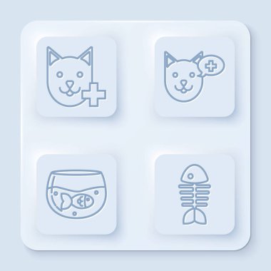 Veterinerlik kliniği sembolü, veteriner kliniği sembolü balık ve balık iskeletli akvaryum. Beyaz kare düğme. Vektör