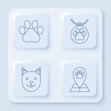 Çizgi Paw baskısı, yakalı isim etiketi, veterinerlik hastanesinde Cat ve Harita işaretleyici. Beyaz kare düğme. Vektör