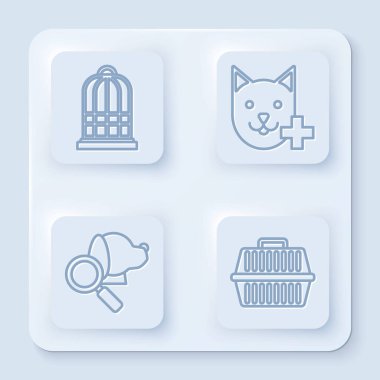 Kuşlar için çizgi kafes, veteriner kliniği sembolü, veteriner kliniği sembolü ve evcil hayvan taşıma çantası. Beyaz kare düğme. Vektör