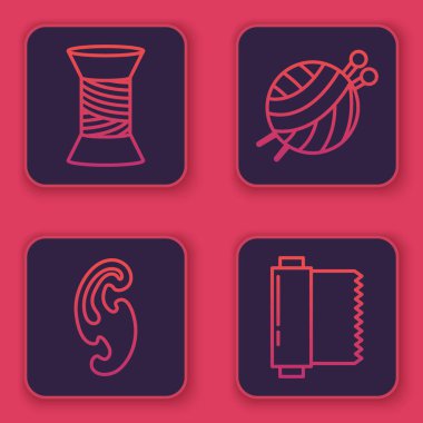 Makara ipliği, Fransız kıvrımları örgü iğneli iplik topu ve kumaş rulosu. Mavi kare düğme. Vektör