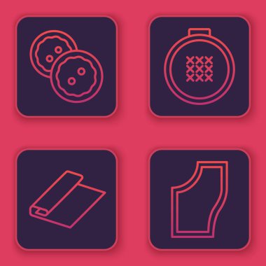 Giysiler için çizgi dikiş düğmesi, tekstil kumaş rulo, yuvarlak işlemeli çember ve dikiş deseni. Mavi kare düğme. Vektör