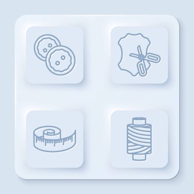 Giysiler, makas ve deri, bant ölçüsü ve dikiş ipliği için çizgi dikiş düğmesini ayarla. Beyaz kare düğme. Vektör