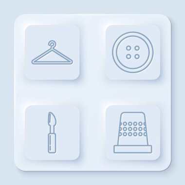 Hat askısı gardırobu, elbise için dikiş düğmesi, kesme aleti ve dikiş için yüksük. Beyaz kare düğme. Vektör