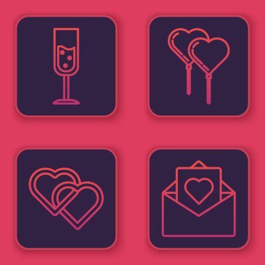 Şampanya kadehi, İki Bağlı Kalpler, Kurdeleli Balonlar ve Sevgililer Günü kalbiyle Zarf. Mavi kare düğme. Vektör