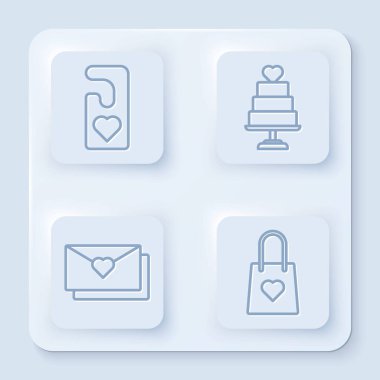 Lütfen kalp ile rahatsız etmeyin, kalple düğün pastası, sevgililer günü kalbiyle zarf ve kalple alışveriş torbası. Beyaz kare düğme. Vektör