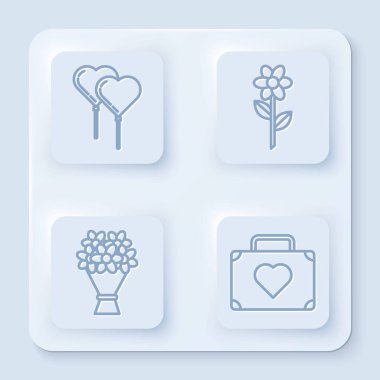 Balonları kalp şeklinde kurdele, çiçek buketi ve kalple seyahat için bavul şeklinde dizin. Beyaz kare düğme. Vektör