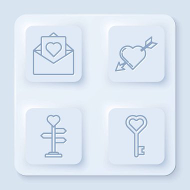 Zarfı sevgililer günü kalbiyle, amour sembolünü kalp ve okla, işaret direğini kalp ve anahtar şeklinde ayarla. Beyaz kare düğme. Vektör