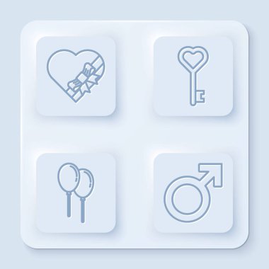 Candy 'yi kalp şeklinde bir kutuda ve yayda, anahtarı kalp şeklinde, balonları kurdeleli ve erkek cinsiyet sembollü olarak ayarla. Beyaz kare düğme. Vektör