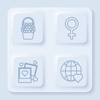 Çiçekleri sepete koy, kadın cinsiyet sembolü, iki boş fotoğraf çerçevesi, kalpler ve kalp dünyası aşkı. Beyaz kare düğme. Vektör