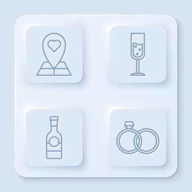 Sabit bir harita işaretleyici, bir kadeh şampanya, şampanya şişesi ve alyanslar. Beyaz kare düğme. Vektör