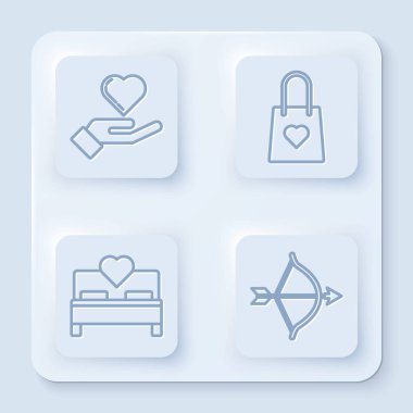 Kalp hazır olsun, alışveriş torbası, yatak odası, yay ve ok. Beyaz kare düğme. Vektör