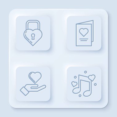 Castle 'ı kalp şeklinde ayarla, Sevgililer Günü parti broşürü, kalbi elinde, notası kalbinde olsun. Beyaz kare düğme. Vektör