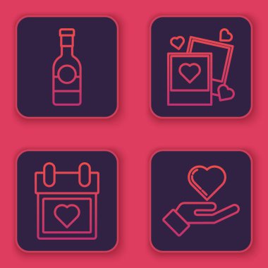 Sıraya dizilmiş şampanya şişesi, kalple takvim, iki boş fotoğraf çerçevesi ve kalpler. Mavi kare düğme. Vektör