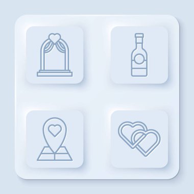 Sabit çizgi düğün kemeri, şampanya şişesi, kalpli harita işaretleyici ve iki birbirine bağlı kalp. Beyaz kare düğme. Vektör