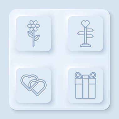 Hattı belirle Çiçek, Kalple İşaret, İki Bağlı Kalp ve Hediye Kutusu. Beyaz kare düğme. Vektör