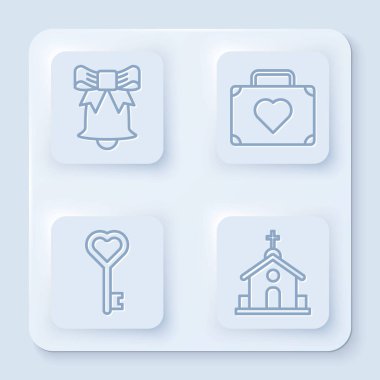 Hat zilini çaldır, valizi kalbinle seyahat et, anahtar kalp şeklinde ve kilise binasında. Beyaz kare düğme. Vektör