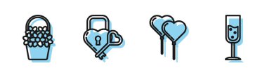 Balonları kalp şeklinde kurdele, sepetteki çiçekler kalp ve anahtar şeklinde kale ve şampanya ikonu şeklinde cam şeklinde dizin. Vektör
