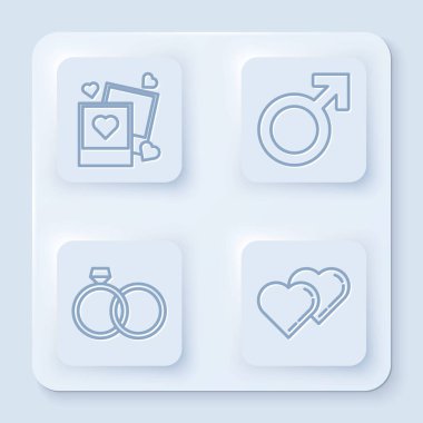 İki boş resim çerçevesi ve kalp, erkek cinsiyet sembolü, alyans ve iki birbirine bağlı kalp. Beyaz kare düğme. Vektör