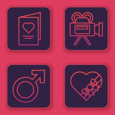 Sevgililer Günü için kalp, erkek cinsiyet sembolü, kalp şeklinde kamera ve şeker dolu bir parti broşürü ayarla. Mavi kare düğme. Vektör