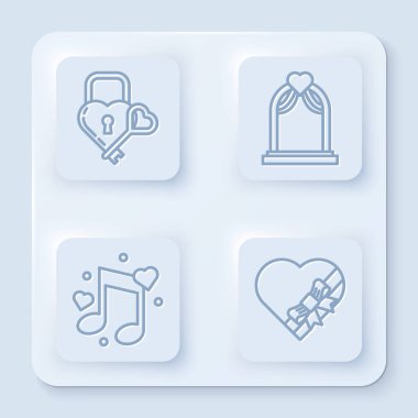 Castle 'ı kalp ve anahtar şeklinde ayarla, düğün kemeri, müzik notası, kalp şeklinde kalp ve şeker dolu bir ton ve yay. Beyaz kare düğme. Vektör