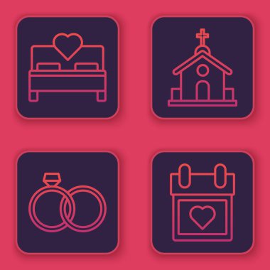 Yatak odası, alyanslar, kilise binası ve takvim. Mavi kare düğme. Vektör