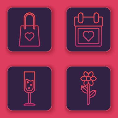 Kalple alışveriş torbası, bir kadeh şampanya, kalple ve çiçekle takvim. Mavi kare düğme. Vektör