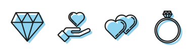 İkinci Hat Bağlı Kalpler, Elmas, Kalp ve Elmas nişan yüzüğü ikonu. Vektör