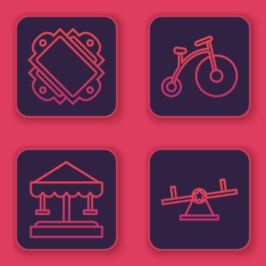 Bilet, Cazibe Atlıkarınca, tek tekerli klasik bisiklet ve küçük ve tahterevalli. Mavi kare düğme. Vektör