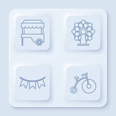 Fast caddesindeki tenteli yemek arabası, dönme dolap, bayraklı karnaval çelengi ve tek tekerli klasik bisiklet. Beyaz kare düğme. Vektör