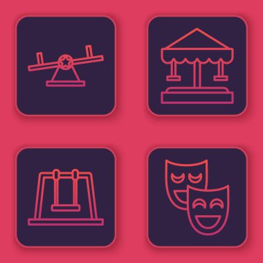 Seesaw, Swing, Cazibe Atlıkarınca ve Komedi Maskeleri. Mavi kare düğme. Vektör